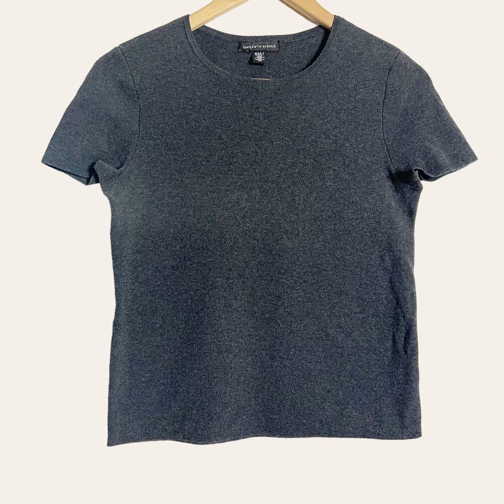 Saks Fifth Avenue Gray Short Sleeve Crewneck Knit Sweater Top Size XS
